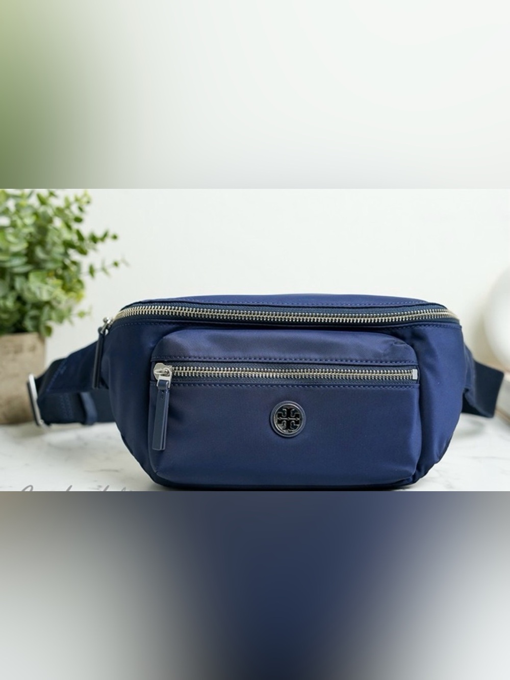 Tory Burch Navy Nylon Belt Bag with Gold-Tone Hardware